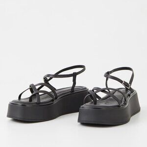 Vagabond Black Leather Strappy Flatform Sandals, 2" Heel, Silver Buckle